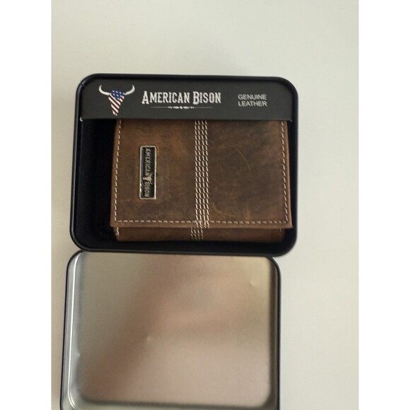 American Bison Genuine Leather Trifold Wallet Brown NEW - Picture 1 of 9